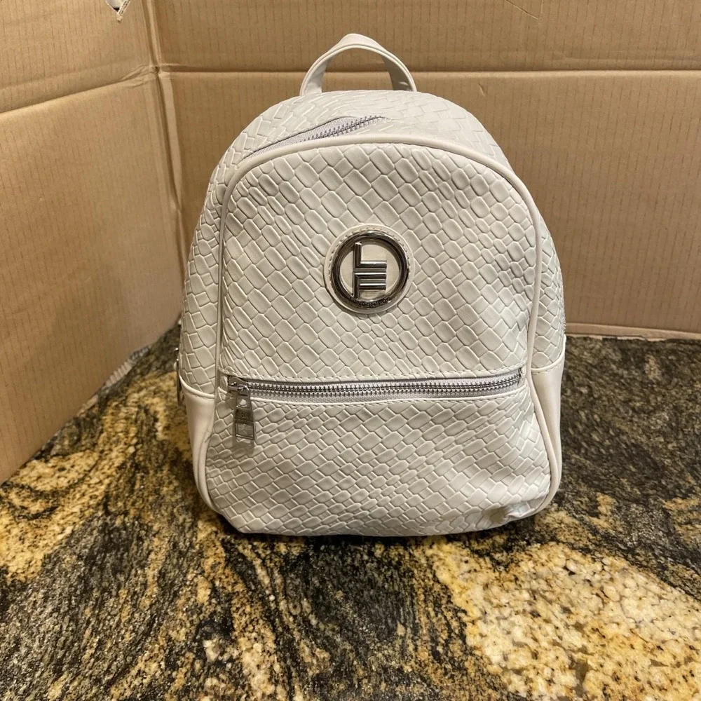 London Fog‎ Backpack Womens Medium Stone Bowery Woven Faux Leather Logo NWT